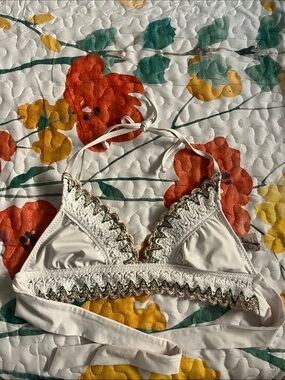 BECCA Cream Crochet-Trim Halter Bikini Top